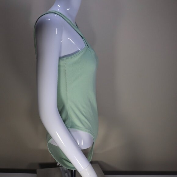 Shein Pastel Mint Vertical Ribbed Asymmetrical Neck Strappy Bodysuit, Large - Picture 4 of 10